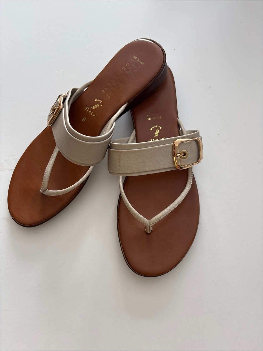 Italian Shoemakers Taupe and Brown Buckle Thong Sandals
